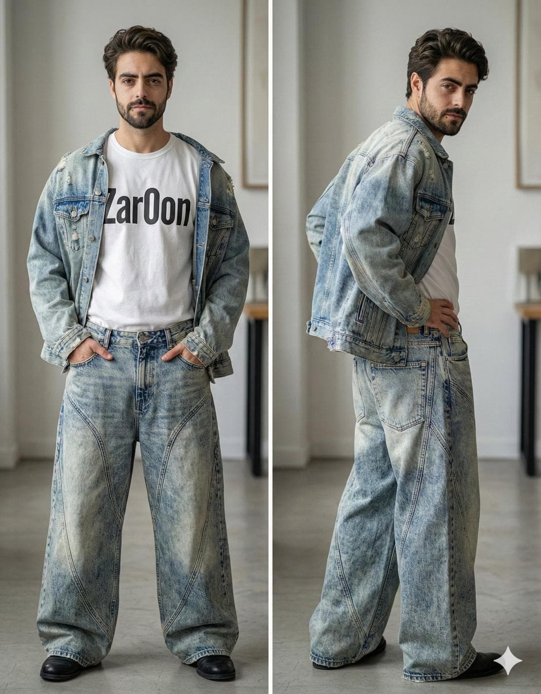 Beard. Makeup is minimal and natural, emphasizing clear skin and subtle lip color. The outfit is contemporary high-fashion streetwear with a Y2K and avant-garde influence. The model wears an oversized, light-wash distressed denim jacket draped loosely over the shoulders, layered over a white graphic T-shirt with bold black…