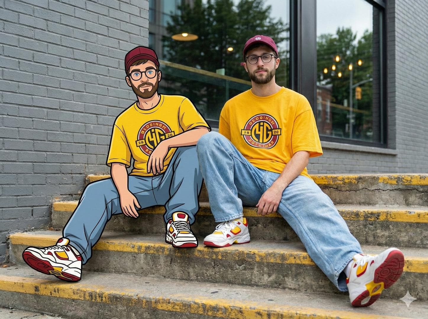 Transform this image [Upload Your Image] into a 64K DSLR shot resolution of A creative mixed-reality street portrait featuring a real young man (same face as the uploaded image) sitting on concrete steps beside his illustrated cartoon counterpart. The scene is set outdoors against a gray brick wall with a large window above, reflecting trees and indoor lighting, giving an urban neighborhood feel. The sidewalk and steps have worn yellow￼ paint along the edges, adding texture and realism. On the right sits the real person, a young man (same face as the uploaded image) dressed in early-2000s hip-hop streetwear. He wears an oversized bright yellow graphic T-shirt with a bold circular logo, loose light-blue baggy jeans, white & red chunky sneakers with yellow detailing, and a maroon baseball cap worn forward. He poses casually, seated with legs extended, one arm flexed at the elbow as if showing￼ strength or confidence, looking off to the side with a calm, cool expression. On the left sits his cartoon illustrated version of himself (same face as the uploaded image) perfectly matching his outfit, pose, and proportions. The cartoon character is drawn in a flat, bold, graphic style with thick black outlines, simplified facial features, and vibrant colors. The illustrated figure mirrors the real person’s posture and clothing exactly same, including the oversized shirt, baggy jeans, red &￼ white sneakers, and maroon cap. The cartoon arm connects visually with the real person’s arm, creating a playful illusion of interaction between illustration and reality. The illustration style resembles hand-drawn street art or animated hip-hop character design, seamlessly integrated into the photograph with…