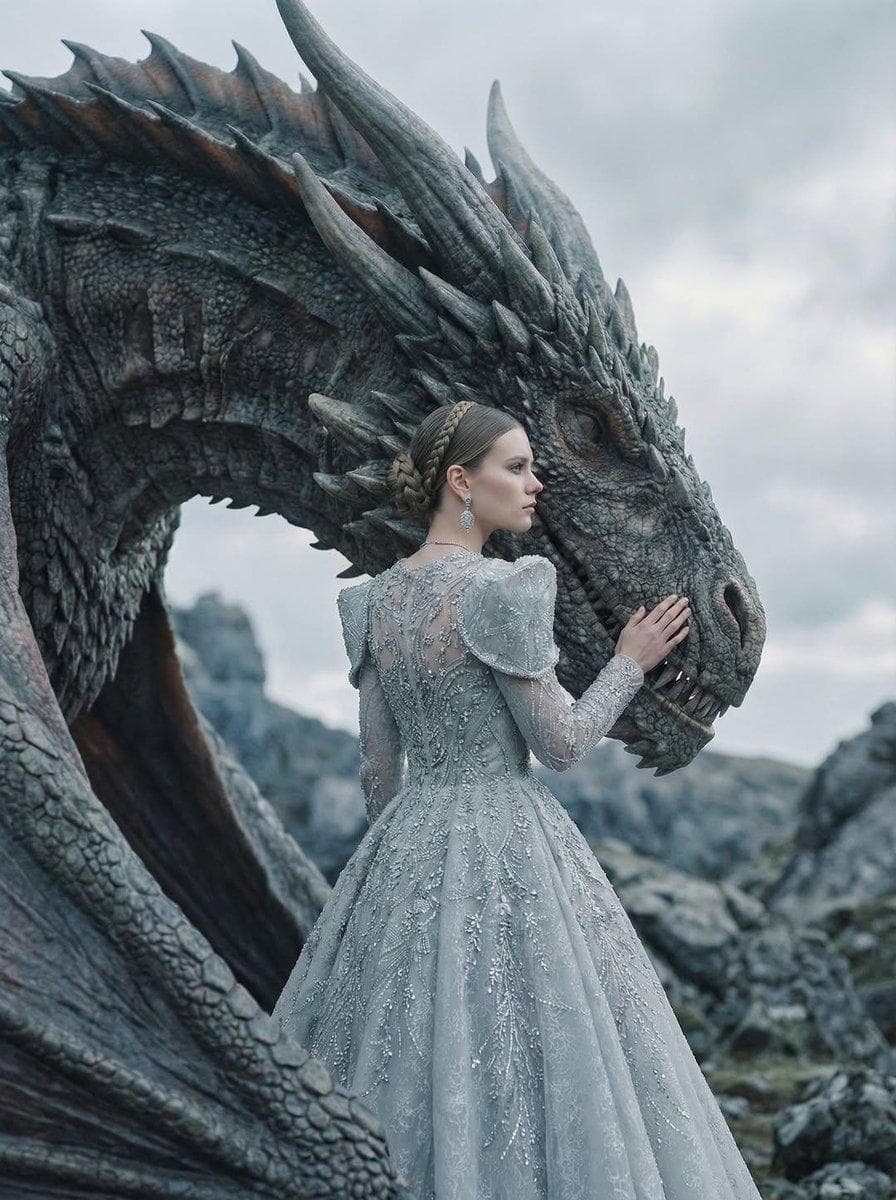 Luxury fashion editorial portrait of a woman standing beside a majestic dragon, her forehead gently resting against its scaled head. She wears an elaborate ice-gray couture gown with intricate embroidery, crystal embellishments, and structured shoulders, evoking regal power and quiet intimacy. Hair styled in a sleek braided updo, adorned with refined statement jewelry. Cinematic fantasy realism, emotional stillness, mythic elegance. Cold, muted color palette of silver, stone, and ash tones. Soft natural overcast light…