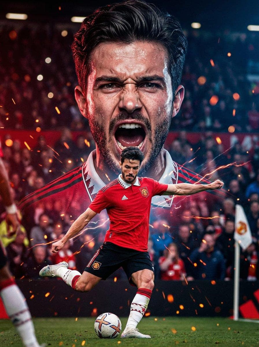 Ultra-realistic cinematic football poster in the style of elite Premier League key featuring me with intense competitive energy, using a dramatic dual-composition layout where a large ultra-detailed hero close-up of the player's face appears in the background with mouth open in a powerful shout, veins slightly visible, sweat on skin, realistic pores and sharp facial definition, keare slightly turned and syres focused forward with aggressive determination, while in the foreground the same player appears full body in dynamic football action such as striking the ball, sprinting or preparing a pass, with athletic posture, natural movement, realistic…