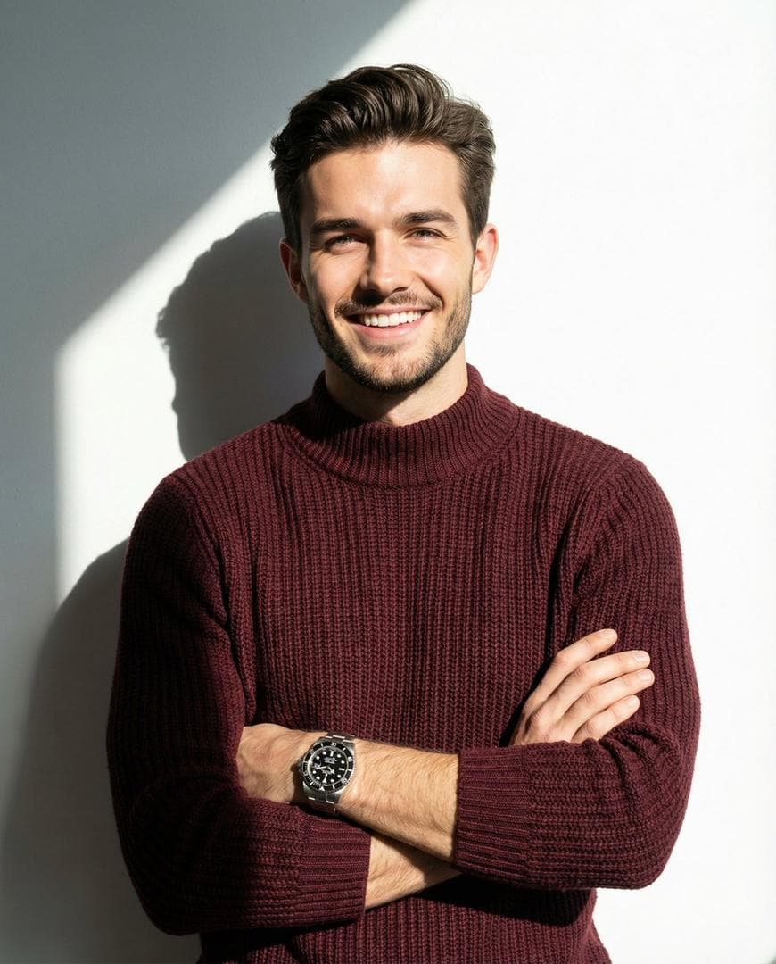 A man smiling and posing with his arms crossed, wearing a maroon knitted high-collar sweater, with a high-end Rolex watch visible on his wrist. The background is a clean white wall…