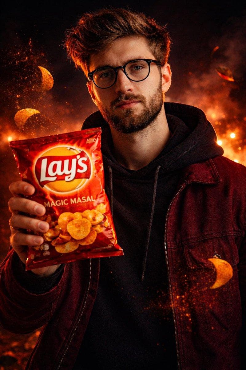 A cinematic, ultra-realistic advertising shot of a man holding a Lay’s [FLAVOR NAME] chips packet in his hand. The packet color, branding, and typography are perfectly accurate to Lay’s official design. The man’s outfit color, texture, and style match the packet theme (same color palette and mood), modern and stylish, premium fashion look. His pose is confident and natural, hand clearly gripping the Lay’s packet in the foreground. Background environment matches the flavor theme — spices, ingredients, atmosphere, and lighting inspired by the flavor (for example: fiery spices for masala, fresh greens for sour cream, smoky tones for barbecue). Chips are flying in slow motion around the scene with…