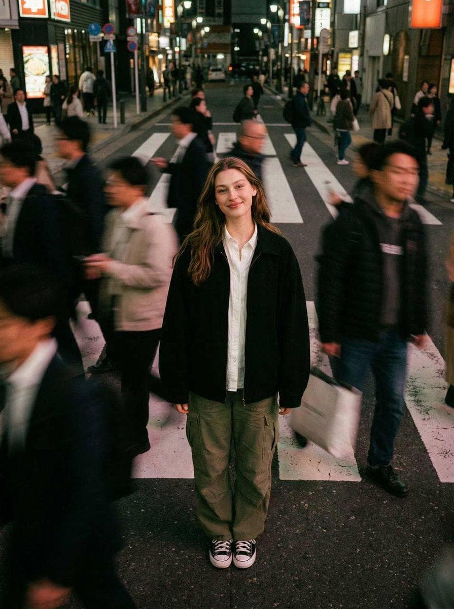 Cinematic street photography capturing a moment in motion with a crowd blur effect. Overhead portrait of me standing still on a crosswalk, wearing a white button-up shirt, black oversized jacket, and olive green cargo pants. Motion-blurred crowd rushes past. Moody city…