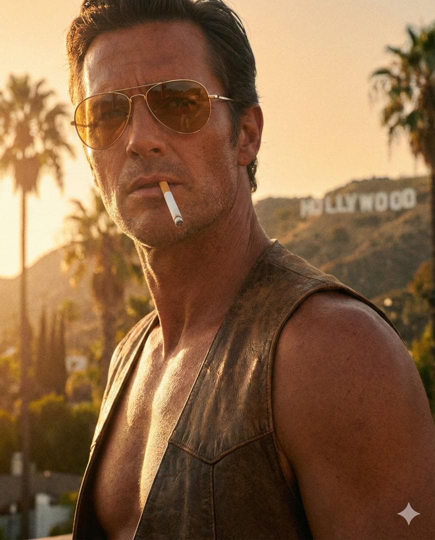 Shirtless male subject, hyper-realistic skin texture, deep tan, 1970s Hollywood aesthetic, vintage gold-rimmed aviator sunglasses with amber tint, unlit cigarette held in mouth, masculine ruggedness, medium close-up, low-angle perspective, background of blurred palm trees and hazy Los Angeles hillside, high-key natural sunlight, warm tungsten glow, golden hour color grading, shot on 35mm film…