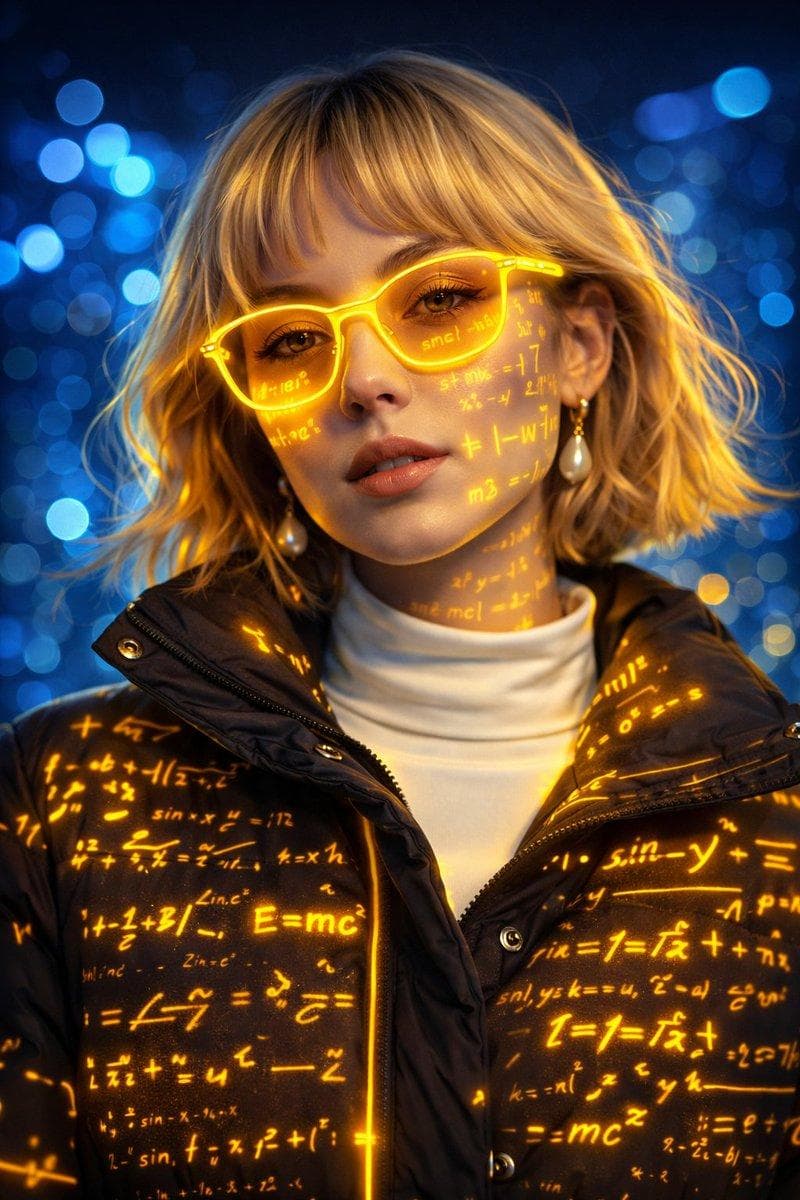 A futuristic cyber-aesthetic portrait of a young woman wearing glowing neon-yellow glasses, with luminous mathematical equations projected across her face and jacket. Soft bokeh blue lights in the background create a high-tech atmosphereHyper-realistic detail, sharp eyes, smooth skin, and vivid color contrast. Sci-fi digital-glow style, immersive and…