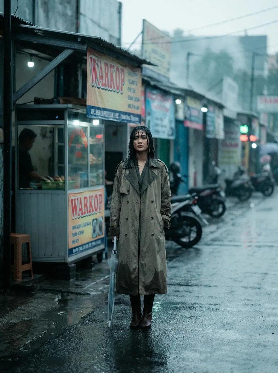 Full body fashion editorial of a beautiful Indonesian woman, wet pavement outside warkop, soft rain blur background. Canon R5, 85mm f/1.4 Overcast natural light Cool-toned Portra LUT Harmony: 70%…