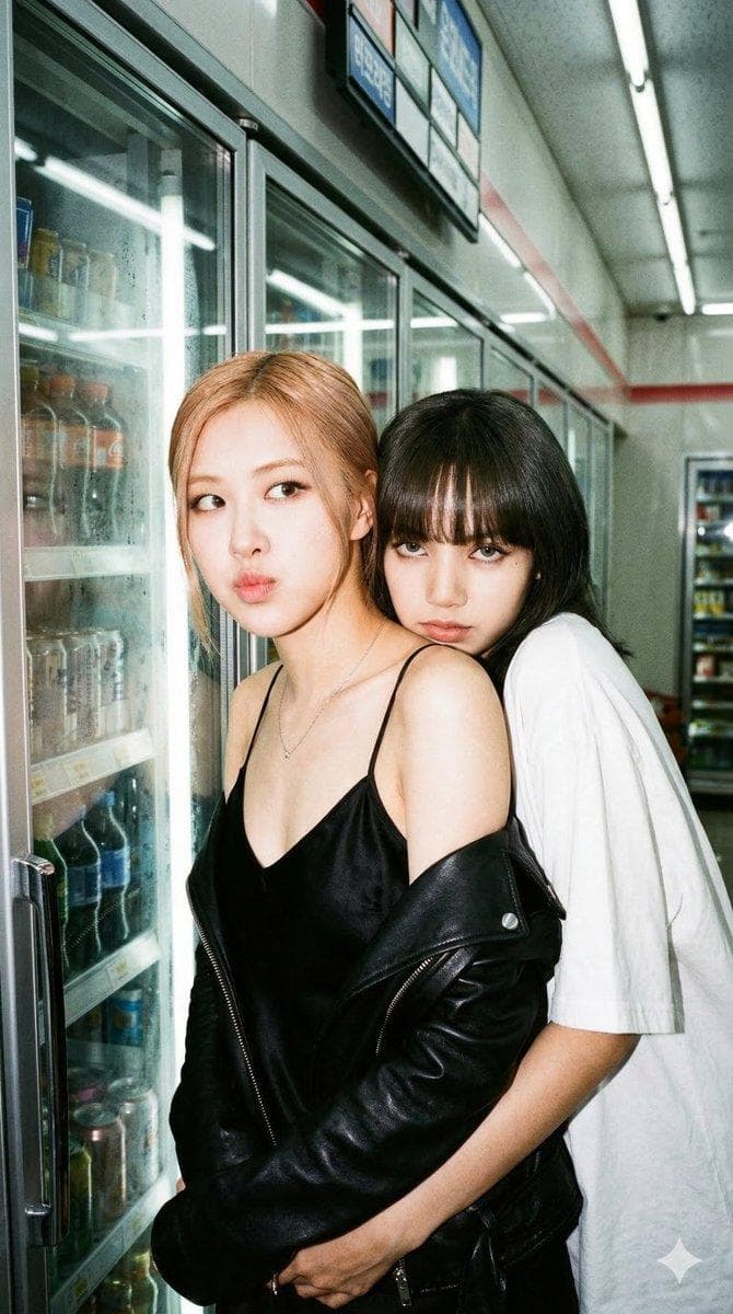 mobile phone photo, CCD camera aesthetic, on-camera flash photography, harsh direct flash with hard shadows cast on convenience store refrigerator glass behind them, soft film grain texture, aspect ratio 9:16, centered composition, upper body portrait bust shot of TWO women, low angle shot looking up, from chest up including shoulders and collarbones, TWO Korean women, Rosé and Lisa from BLACKPINK, gorgeous off-duty K-pop female idols, convenience store at 3AM, both caught by sudden camera flash, IMPORTANT — SKIN QUALITY FOR BOTH WOMEN: milky luminous flawless skin, creamy smooth porcelain complexion with subtle inner glow, perfectly even skin tone, zero visible pores zero blemishes, soft-focus skin surface like milk poured over glass, skin so smooth it almost glows under the flash, flash light bouncing off silky-smooth skin creating clean bright highlights with no texture interruption, baby-soft flawless dewy finish, WOMAN A (ROSÉ - front, facing camera, leaning back against refrigerator glass door): 23 years old, innocent-sexy pure-and-seductive type, slim oval face with delicate jawline, slightly hooded monolid eyes wide open with prominent sparkly aegyo-sal under-eye fat pads highlighted with subtle shimmer, light peach-brown eyeshadow clean and fresh, long natural curled lashes, signature pale strawberry blonde long straight hair one side tucked behind ear exposing full neck line, cold-toned milky white flawless skin with soft rosy flush on cheeks, wearing black satin spaghetti-strap camisole with low neckline fabric clinging to full bust with silky flash reflection, oversized black leather biker jacket slipped down to both elbows completely exposing both bare shoulders collarbones and thin straps, delicate silver chain necklace catching flash, head tilted slightly back and toward Lisa, cute playful expression — pouty lips and wide innocent eyes, WOMAN B (LISA - behind Rosé, pressed against her back, partially hidden): 21 years old, innocent-sexy type, distinct doll-like face with fuller cheeks, large round double-eyelid almond eyes with full aegyo-sal, cold direct unblinking stare into camera with subtle displeasure, lips closed and slightly pouting with faint pink lip gloss, jet black medium hair with her iconic…