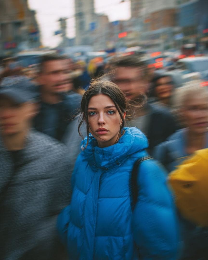 Ultra-realistic cinematic street portrait of a young woman in a bright blue puffer jacket standing still in the middle of a busy city crowd, intense eye contact with camera, shallow depth of field, motion-blurred pedestrians rushing around her, urban background with traffic lights and tall buildings, cool color grading…