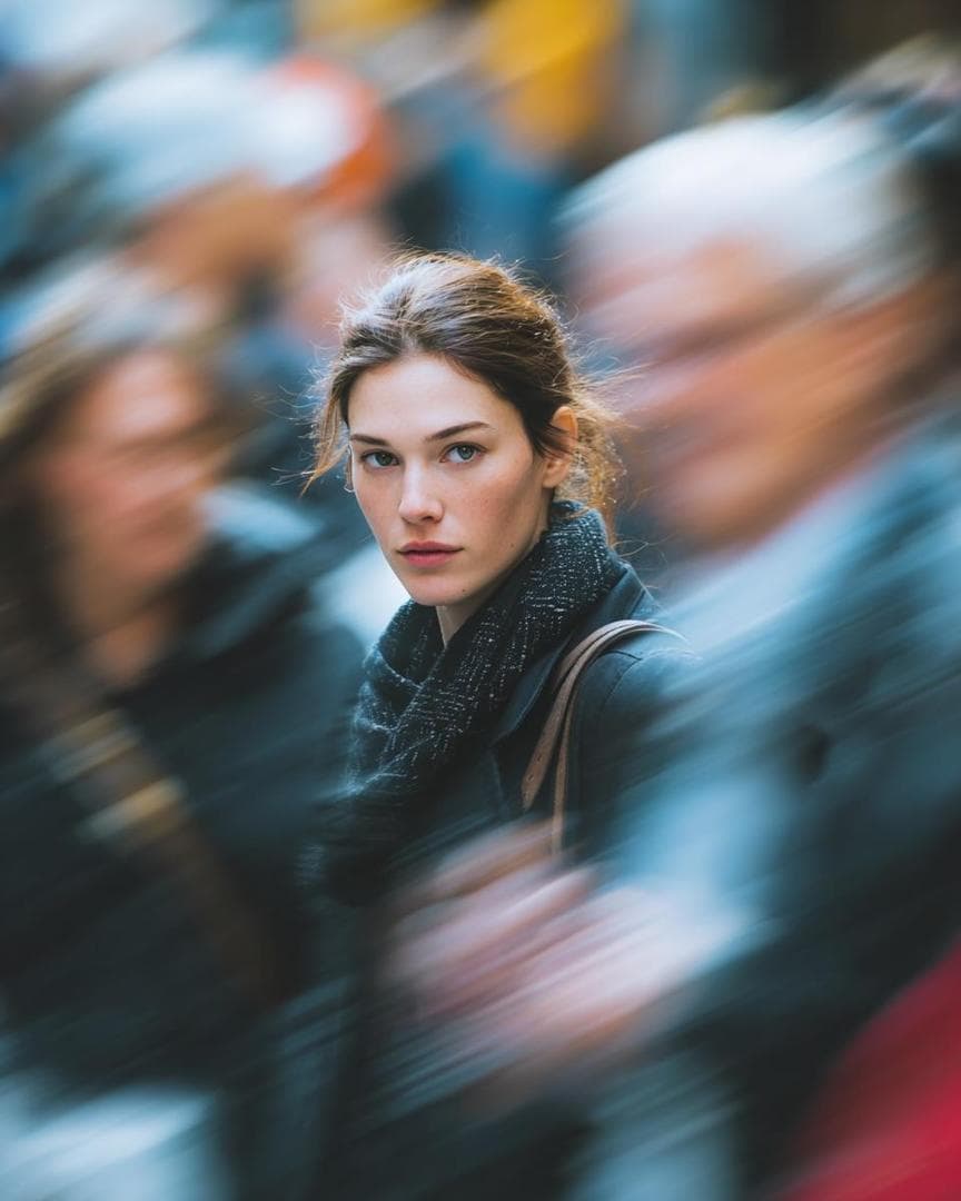 Ultra-realistic cinematic street portrait of a young woman standing still in a crowded city street, sharp focus on her face with calm, intense expression. Long-exposure effect with people moving around her creating strong directional motion blur, streaked crowd movement while the subject remains perfectly still. Natural soft daylight, shallow depth of field, creamy bokeh, realistic skin texture, subtle freckles, neutral…