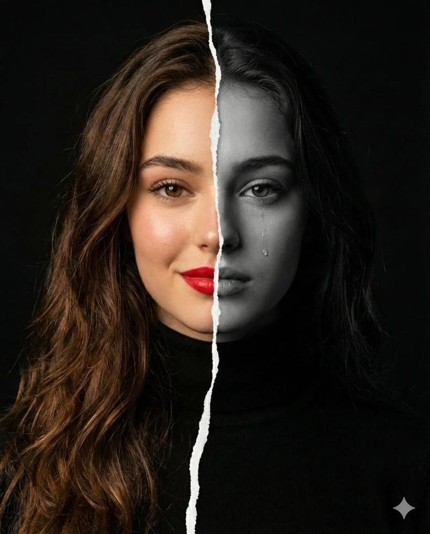 ​A high-resolution conceptual portrait of a woman’s face vertically split down the middle by a jagged, torn paper edge. The left side is in vibrant color, featuring a warm smile, glowing skin, and bold red lipstick. The right side is in dramatic black and white, showing a somber expression with a…