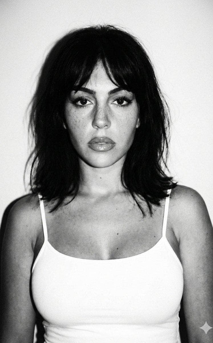 { "image_analysis": { "subject": { "type": "Georgina Rodríguez", "expression": "Neutral, slightly sultry, contemplative, looking off-camera to the right", "pose": "Portrait shot, head and shoulders, slightly angled body" }, "facial_features": { "skin": "Fair with prominent natural freckles dusted across the nose and cheeks", "eyes": "Dark, almond-shaped, gazing sideways, adorned with winged eyeliner and mascara", "eyebrows": "Dark, well-defined, slightly arched", "lips": "Full, plump, glossy, slightly parted", "structure": "Soft jawline, youthful features" }, "hair": { "color": "Dark brown or black", "style": "Shoulder-length, layered, tousled waves, messy texture", "details": "Curtain bangs framing the face, loose flyaways catching the light" }, "attire": { "garment": "White tank top / camisole", "details": "V-neck, thin spaghetti straps, simple texture" }, "lighting_and_atmosphere": { "type": "Flash photography", "contrast": "High contrast black and white", "shadows": "Hard shadow behind the subject indicating direct front-facing flash", "vibe": "Vintage, 90s grunge aesthetic, lo-fi, candid" }, "technical_enhancements": { "resolution": "4k HD, 8k resolution", "quality": "Ultra-detailed, photorealistic, sharp focus", "texture": "Fine film grain, realistic skin texture" } }, "generated_prompt": "A…