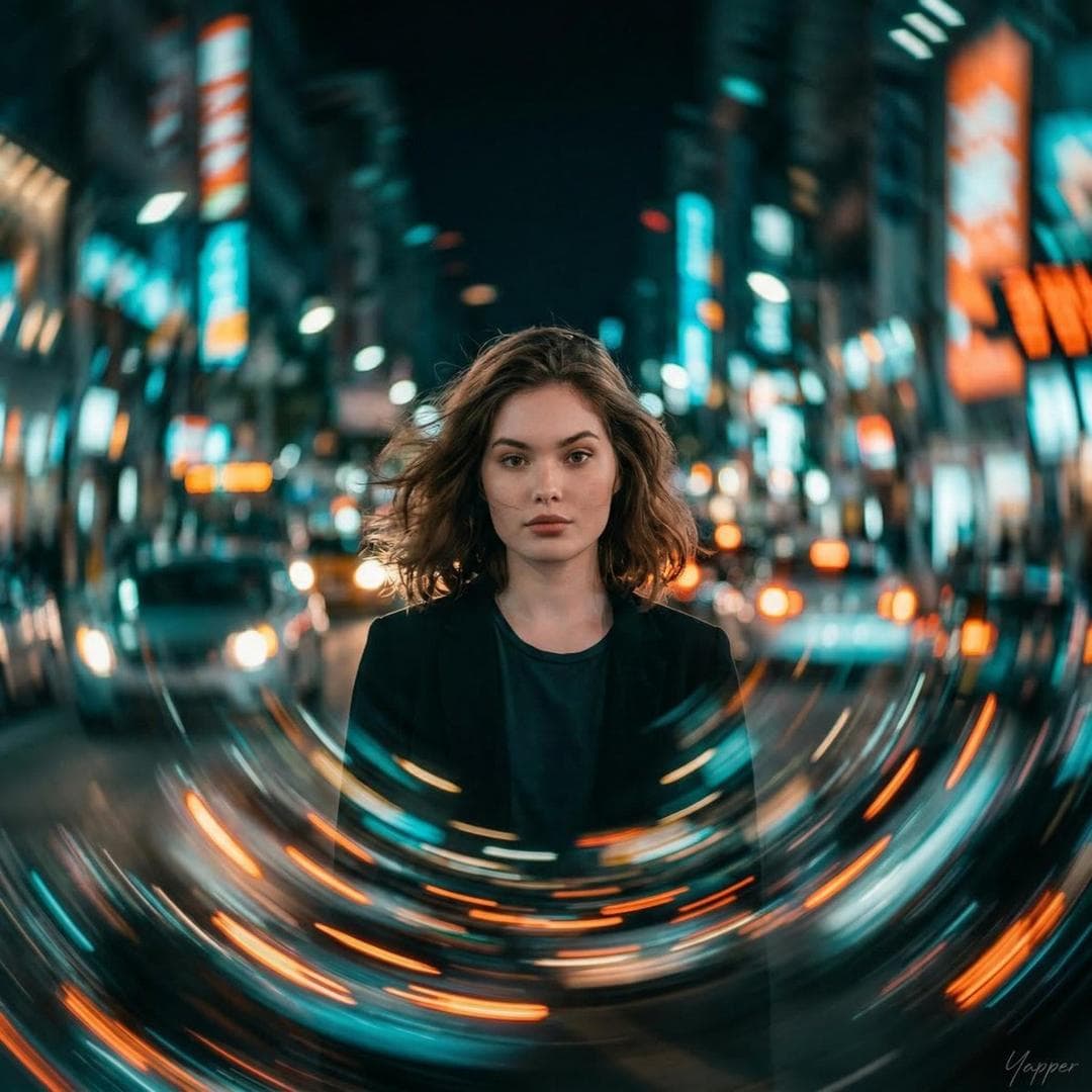 cinematic portrait of a young woman standing perfectly still as the city around her spirals in circular motion blur, streaks of headlights and neon lights orbiting her body like gravity pulling the world inward, dramatic teal and orange cinematic color grading, wind moving strands of hair, calm expression…