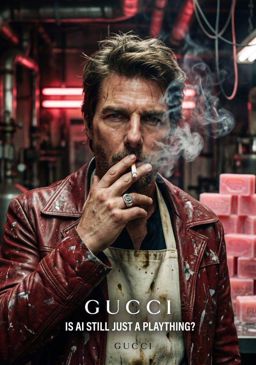 A highly detailed, cinematic portrait of Tom Cruise, featuring a gritty, industrial aesthetic. He has messy, spiked dark-blonde hair, facial stubble, and a look of intense, weary focus. He is captured in a close-up shot, holding a lit cigarette to his mouth with his right hand; a thick trail of white smoke curls upward. On his finger is a prominent silver signet ring engraved with a luxury interlocking "GG" logo. The man wears a distressed, dark red leather jacket heavily marked with white paint splatters and deep creases, layered over a filthy, stained cream-colored canvas apron. The center of the frame features the word [GUCCI] in a clean, white, authoritative serif font. Below it, in smaller text on the apron, is the phrase "IS AI STILL JUST A PLAYTHING?" followed by a second, faded "GUCCI" logo. The background is a blurred industrial laboratory or "soap factory"…