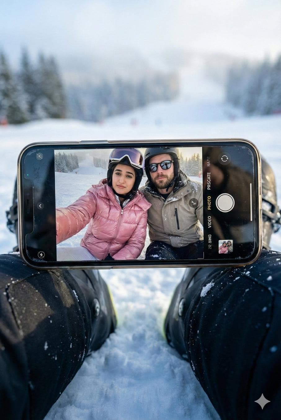 Create a hyper-realistic winter scene in a vertical 3:4 aspect ratio with cinematic realism and natural detail. The foreground features compacted snow with subtle ice sparkle, cool blue shadows, and cold ambient light. A smartphone is placed perfectly horizontally across black ski boots, stable and centered, with visible smudges, micro-reflections, edge highlights, and slight screen glare. The iPhone camera Ul is clearly visible, including icons and the shutter button, reinforcing an authentic, unedited iPhone capture. On the phone screen, Subject 1 and Subject 2 are seated closely together on the snow, framed from a low angle so only their upper bodies are visible, creating an intimate mirror-selfie-style composition. Subject 2 sits slightly forward, holding the phone at arm's length with the phone back visible, wearing a glossy pink puffer jacket with realistic quilting, natural folds, helmet, and goggles; her face is fully clear and visible with a relaxed, confident expression. Subject 1 sits directly beside her, shoulders nearly touching, wearing a neutral ski jacket with light snow dusting, a helmet, and dark sunglasses reflecting the snowy environment: his…