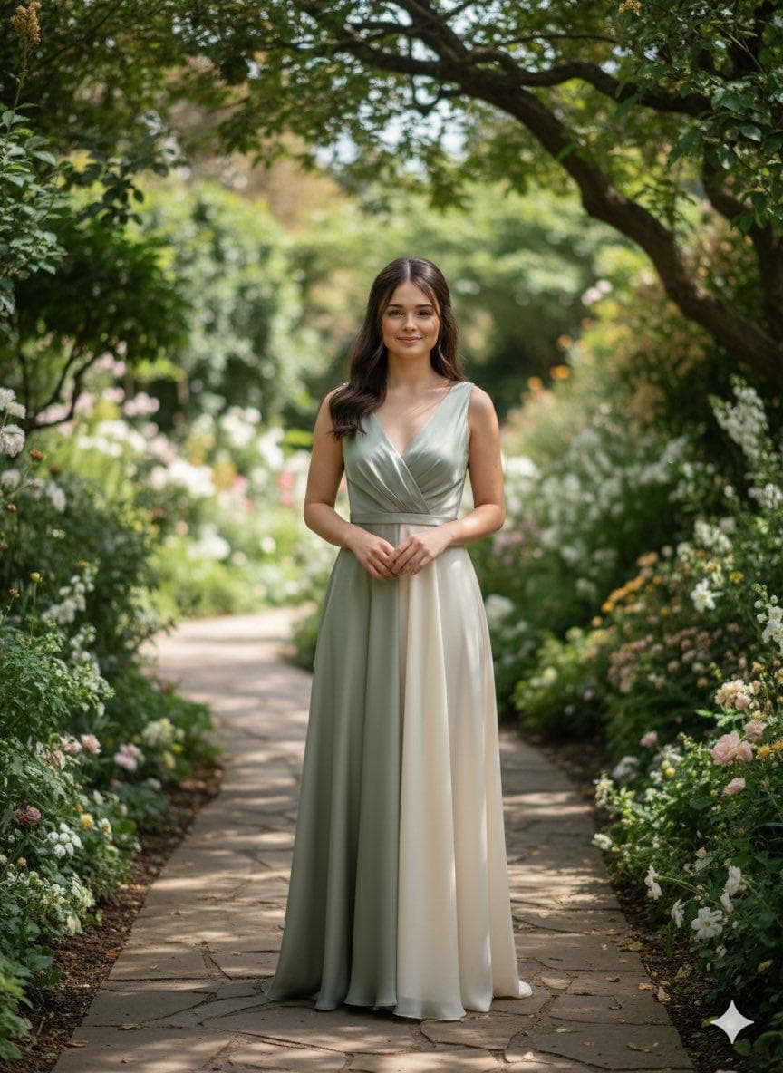 { "render_goal": "Natural cinematic garden portrait with timeless elegance", "subject": { "pose": "female standing naturally on a garden path, relaxed posture", "expression": "calm composed confidence with a genuine soft smile" }, "wardrobe": "elegant silk chiffon gown in muted sage or soft ivory, minimal drape, realistic fabric weight, subtle movement, no shimmer, no fantasy elements", "environment": { "location": "lush botanical garden in daylight", "props": "realistic flowers and greenery, natural sunlight…