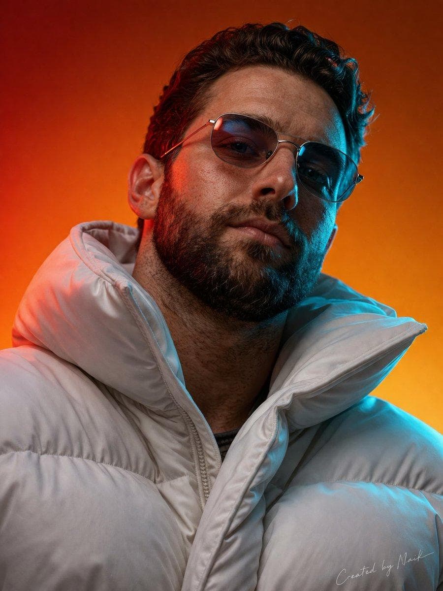 Create an ultra-photorealistic cinematic portrait of a man viewed from a slightly low angle looking upward with a confident, powerful expression. Generate his face using the uploaded portrait photo. The composition is a tight upper-body portrait with the head tilted slightly upward, emphasizing the jawline and beard structure. The background is a smooth vibrant studio gradient transitioning between deep orange and warm red tones, creating a dramatic modern aesthetic. Use strong cinematic dual-color lighting: warm red/orange light from one side and cool teal/blue rim lighting from the opposite side to create striking contrast across the face and beard. The man is wearing a futuristic white oversized puffer jacket with large quilted sections and a high protective collar. The jacket should look premium and modern with realistic fabric folds, padded insulation volume, and subtle material sheen similar to high-end technical winter fashion. Add extremely detailed textures: visible skin pores, beard hair strands, subtle facial imperfections, realistic lip texture, micro skin reflections, and detailed hair follicles. The sunglasses should have thin metal frames with realistic reflections and slightly tinted lenses reflecting the colored lighting. The white puffer jacket must show detailed stitching, fabric grain, padded segments, and realistic light interaction across the material. Lighting…