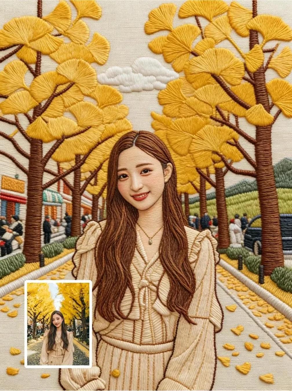 Use the uploaded image as the strict character reference. Preserve the character’s facial structure, expression, skin tone, hairstyle, outfit, proportions, and pose exactly as shown. Do not modify, beautify, stylize, or reinterpret the face in any way beyond embroidery translation. Render the character as hyper-detailed hand embroidery artwork, using realistic satin stitches, long-and-short stitches, and dense fill stitches to create natural depth, fabric texture, and thread sheen. Visible embroidery threads, precise stitch direction following facial contours…