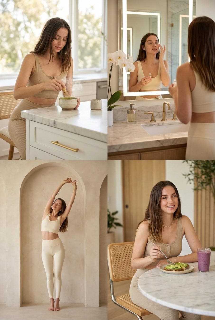 { "overall_theme": { "description": "A curated series of four ultra-photorealistic vignettes showcasing a luxurious, wellness-focused lifestyle.", "mood": "Calm, serene, balanced, sophisticated, peaceful, rejuvenating.", "style": "Minimalist, high-end, contemporary, clean aesthetic, aspirational." }, "subject": { "description": "Young woman.", "appearance": { "hair": "Long, dark brown, wavy, natural texture.", "skin": "Clear, glowing, natural.", "makeup": "No-makeup makeup look, dewy finish.", "physique": "Fit, toned." }, "expression": "Serene, composed, gently smiling, focused." }, "wardrobe": { "outfit_base": "Matching ribbed beige/cream activewear set.", "variations": [ "Sleeveless crop top and high-waisted leggings.", "Long-sleeve crop top and high-waisted leggings." ], "style": "Comfortable, stylish, high-quality fabric." }, "environmental_details": { "lighting": { "type": "Natural daylight.", "quality": "Soft, diffused, warm, bright.", "source": "Large windows (implied or visible)." }, "color_palette": { "dominant": ["Warm Beige", "Cream", "White", "Marble Grey"], "accents": ["Green (plants)", "Gold (fixtures, details)", "Natural Wood", "Soft Purple (smoothie)"] }, "materials": ["White Marble", "Light Wood", "Stone", "Ceramic", "Glass", "Linen"] }, "scenes": [ { "location": "Modern Luxury Kitchen", "environment": "White marble island and countertops, white shaker cabinets, gold hardware, integrated wine fridge, large window.", "pose": "Standing at the island, body angled slightly, looking down.", "action": "Whisking a hot beverage in a small bowl.", "props": ["Ceramic bowl", "Wooden whisk", "Steam", "Mug with 'H'", "Wine fridge"] }, { "location": "High-End Bathroom", "environment": "Large backlit mirror, white marble vanity, white walls, orchid plant.", "pose": "Standing facing the mirror, one hand applying product to face.", "action": "Applying skincare.", "props": ["Cotton pad", "Skincare bottle", "Lit Diptyque candle", "Whole coconut", "Glass jars"] }, { "location": "Minimalist Wellness Space", "environment": "Textured beige walls with curved arches, stone water fountain, eucalyptus in a vase."…