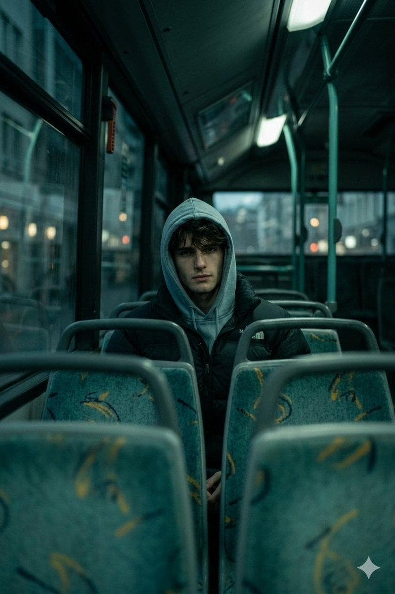 Create A deeply atmospheric and cinematic interior shot, captured from a slightly low-angle perspective, looks forward from an empty seat in a dimly lit bus. The primary subject is this man seated a few rows ahead, looking directly back at the camera with a subtle, intense gaze. He wears a dark, puffy winter jacket and has the hood of a light blue-grey hoodie pulled up over his head, partially obscuring his face and casting his eyes in shadow, adding a sense of mystery. The overall color grading is cool and desaturated, dominated by deep teal, dark blues, and muted greens, lending a melancholic or introspective mood. The interior of the bus is sparsely lit, with artificial lights casting soft, localized glows and deep shadows. The seats in the foreground, upholstered in a faded teal fabric with abstract yellow patterns, are in soft focus, guiding the eye towards the subject. Through the windows, blurred reflections of the city lights and exterior environment are visible, creating a sense of movement and urban isolation. The man's…