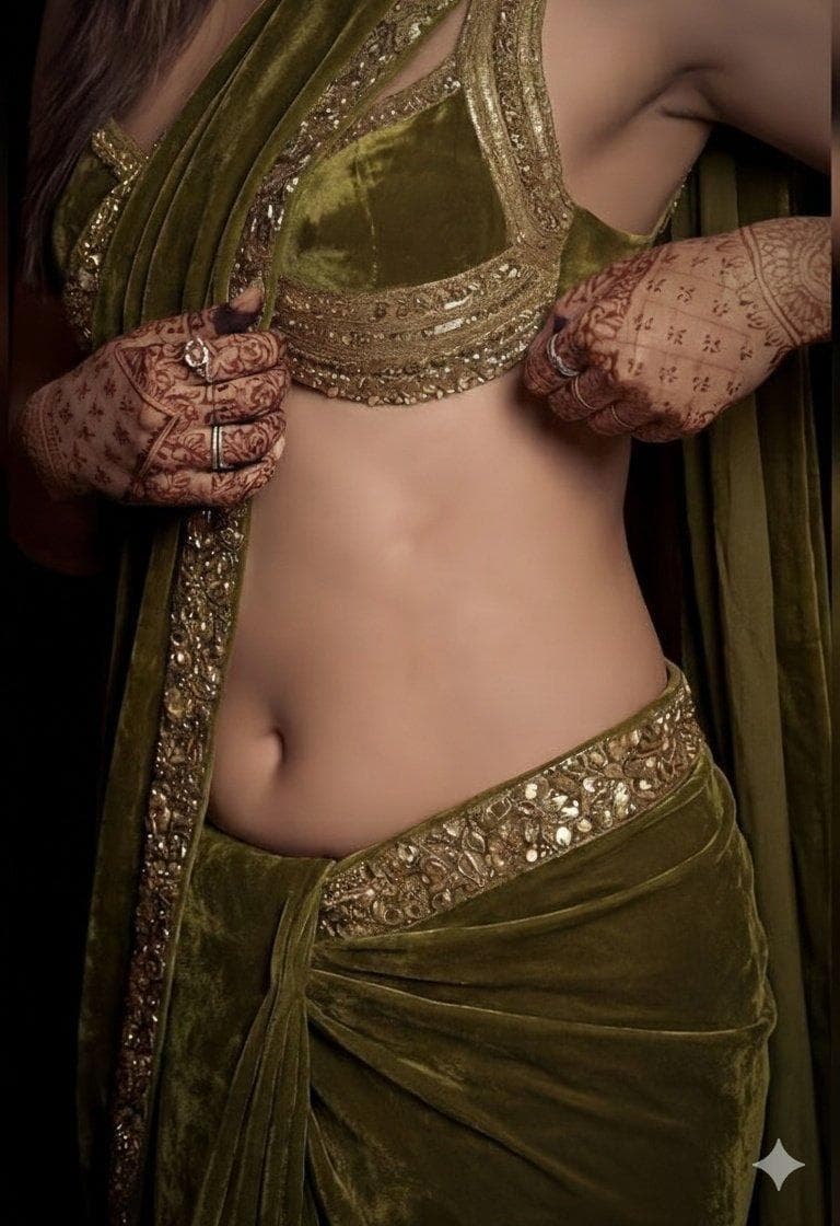 A detailed, high-fashion studio photograph of a woman posing gracefully, wearing a luxurious olive green velvet saree draped elegantly over her shoulder, paired with a matching heavily embroidered sleeveless blouse that highlights her midriff. The lighting is moody and dramatic, accentuating the rich texture of the velvet and giving her skin a subtle, dewy sheen. Her hands…