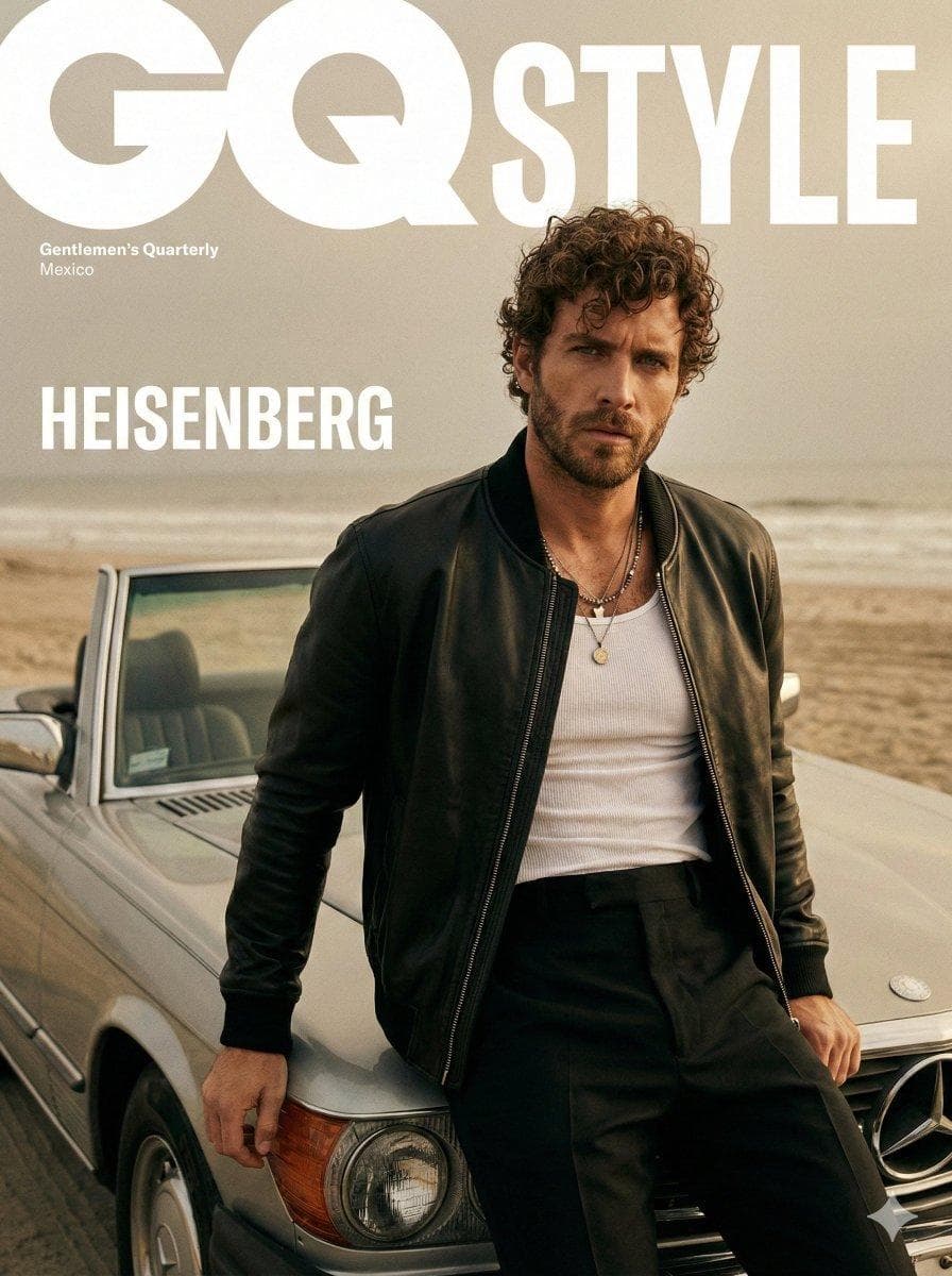 A cinematic fashion editorial portrait of male model for a GQ Style magazine cover. He is leaning against the hood of a vintage 1960s silver convertible on a hazy, overcast beach. Subject & Pose: A male model with a well-groomed dark beard and messy, curly dark hair. He is looking directly at the camera with an intense, neutral expression. He is wearing a heavy, oversized black leather bomber jacket with large utility pockets, worn open over a white ribbed tank top and high-waisted black trousers with double-buckle belt detailing. Two thin gold necklaces with small pendants hang mid-chest. Setting & Composition: Outdoor beach setting with a very shallow depth of field. The background shows a desaturated, sandy shore and a pale, misty sky with a soft horizon line. The car is a polished metallic silver, reflecting the flat light of the sky. The camera angle is at eye-level…