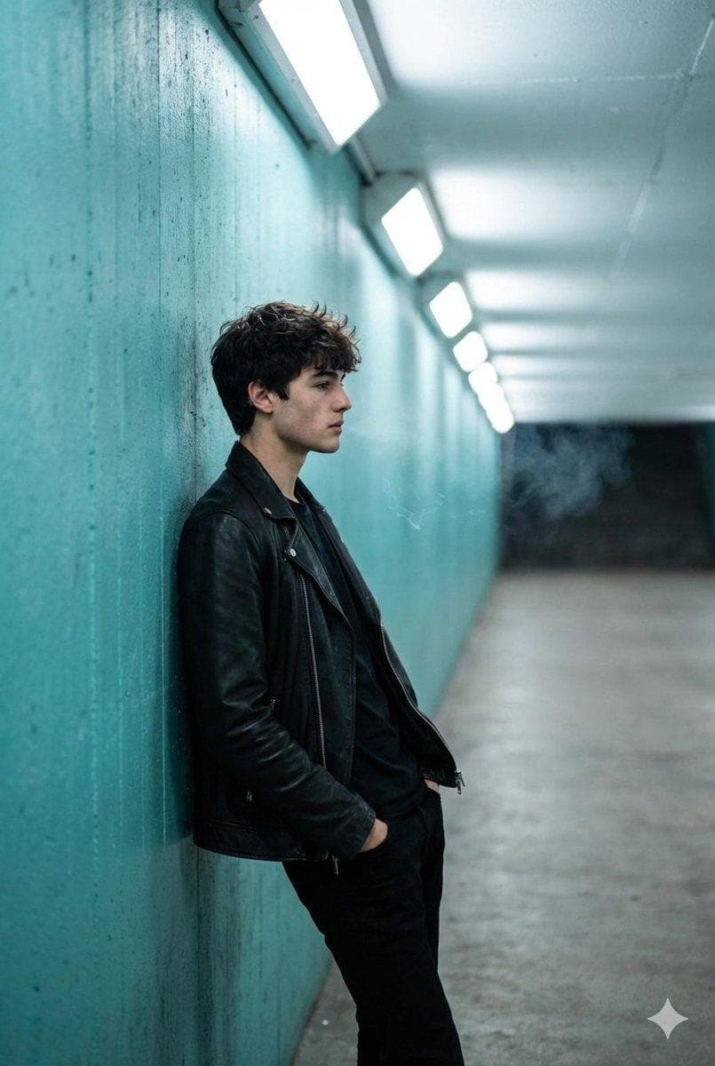 A full shot captures a young man in profile, leaning against a textured turquoise wall inside a brightly lit tunnel. He is dressed in a sleek black leather jacket and black pants. His short, dark hair is casually styled, framing a contemplative expression as he gazes forward. Wisps of smoke curl subtly above his head. The background features a series of evenly spaced rectangular lights along the tunnel's ceiling, creating a strong sense of depth and leading the eye. The overall…