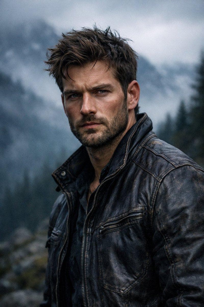 { "render_goal": "Create a hyper-realistic, cinematic portrait with a rugged outdoor adventure aesthetic", "subject": { "gender": "male", "age_range": "mid-to-late 20s", "appearance": { "hair": "textured, windswept", "beard": "short, well-groomed", "facial_features": "sharp, chiseled", "expression": "intense, serious" }, "skin_detail": "ultra-detailed, natural texture with realistic tones" }, "wardrobe": { "outerwear": "worn dark leather jacket", "details": "visible stitching, rugged texture" }, "environment": { "location": "outdoor mountain landscape", "background": { "mountains": "misty, fog-covered", "trees": "dark evergreen forest fading into distance", "atmosphere": "dense atmospheric fog" } }, "lighting_and_color": { "lighting_style": "moody, cinematic", "light_source": "soft overcast daylight", "shadows": "dramatic but…