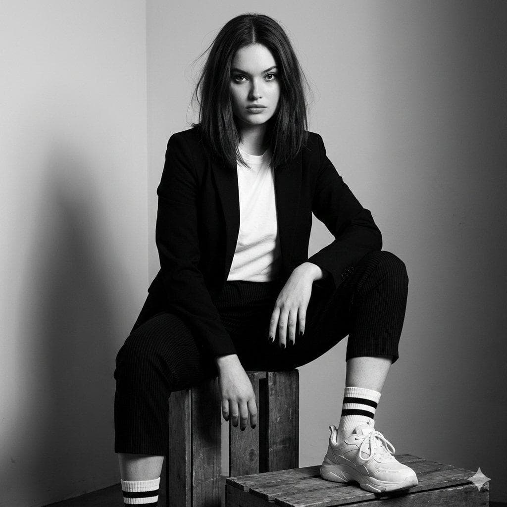 Create a realistic portrait (100% identical face, no editing allowed). A hyper-realistic black-and-white portrait of a young beautiful woman with a calm, serious, and introspective expression, sitting casually on a stack of rustic wooden crates in a minimalist studio setting. She faces the camera directly with a relaxed yet confident posture, her legs slightly apart, one hand resting naturally between her knees and the other loosely stretched across her thigh, creating a powerful editorial fashion pose. She has straight, dark, shoulder-length hair with a natural center parting, slightly tousled, gently framing her face. Her facial features are delicate and symmetrical, with a naturally smooth skin texture, subtle shadows under her eyes, soft, slightly parted lips, and deep, expressive eyes staring directly into the lens, conveying a calm confidence and emotional depth. The lack of heavy makeup emphasizes the natural editorial aesthetic. Clothing & Style: She wears a fitted black blazer with structured shoulders over a simple white crew-neck T-shirt, paired with cropped black striped trousers. On her feet are modern, chunky white sneakers, paired with white calf-length socks with bold black horizontal stripes, adding a casual street-style contrast to the formal blazer. Minimal accessories, no visible jewelry. Her nails are painted black. Lighting & Ambiance: High-contrast cinematic lighting with strong, directional natural light coming in from the side, creating dramatic diagonal streaks of light and shadow on the plain studio walls and partly on her body. The lighting creates depth…
