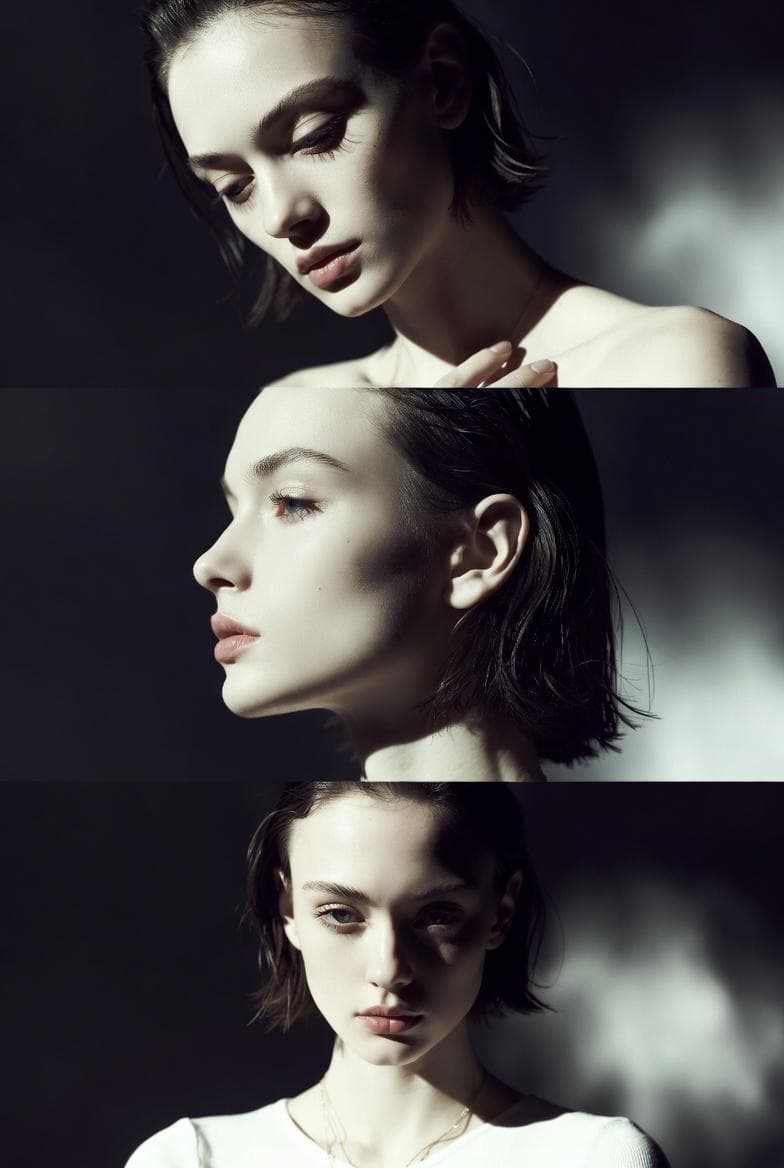 Preserve the face, proportions, and external features of the model as in the reference. A minimalist monochrome fashion editorial triptych featuring three stacked cinematic frames. The subject is a young woman with medium-length dark hair, natural makeup, and elegant features. Frame 1: Emotional and introspective, looking downward with a hand gently near the collarbone, highlighting cheekbones and bone structure with soft Rembrandt lighting. Frame 2: A crisp profile shot emphasizing the nose, lips, and graceful jawline, gaze directed slightly upward for a poised, confident look. Frame 3: A frontal, thoughtful portrait with relaxed shoulders and direct eye contact, conveying quiet strength and…