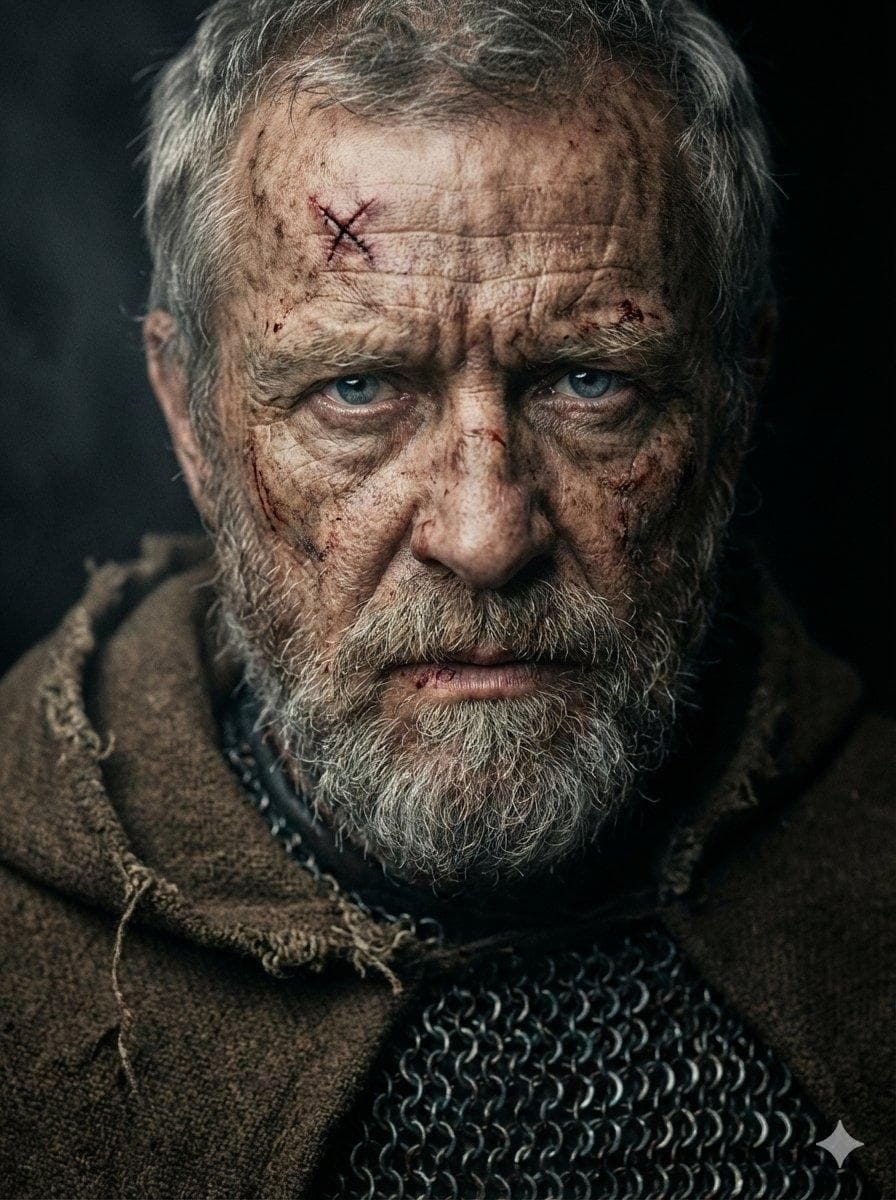 A hyper-realistic, cinematic close-up portrait of a battle-hardened, elderly medieval warrior, facing slightly downward but locking eyes with the camera through piercing, cold steel-blue eyes full of intensity and defiance. His weathered, deeply wrinkled, sun-damaged skin shows countless scars, cuts, and dried blood stains, including a fresh stitched wound in an X shape on his forehead. His thick, unruly, salt-and-pepper beard and mustache frame his square, rugged jawline; his short, coarse grey hair is matted with sweat and dirt. Every pore, wrinkle, and skin imperfection is rendered with extreme detail. His nose is strong and slightly crooked, ears scarred and weathered from countless battles. His expression is stern, menacing, full of wisdom and pain, with furrowed brows and tightly compressed lips. His body is wrapped in a distressed, heavy brown wool cloak with frayed edges, partially covering dark medieval chainmail armor with metallic textures reflecting subtle highlights. The background is dark and moody, pure black with a soft atmospheric haze to isolate the subject. Cinematic studio lighting: single soft key light from the upper camera-left casting dramatic shadows across the face, subtle fill light from below to slightly illuminate the lower facial structure, creating extreme contrast and depth. Slight rim light touches the shoulders and…