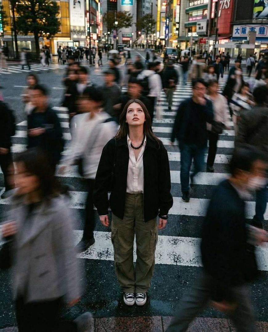 Cinematic street photography capturing a moment in motion with a crowd blur effect. Overhead portrait of me standing still on a crosswalk, wearing a white button-up shirt, black oversized jacket, and olive green cargo pants. Motion-blurred crowd rushes past. Moody city…