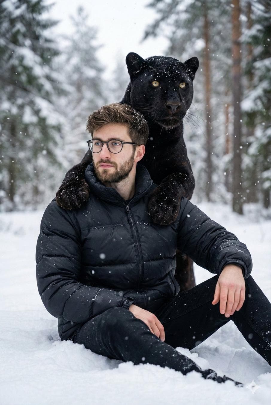 A hyper-realistic 8k medium shot, captured with a standard lens (e.g., 85mm) at a slightly low angle, frames a man seated in deep snow within a snowy forest. The man, with uploaded face as reference, wears a highly detailed black puffer jacket and black pants, looking calmly towards the left side of the frame. Directly behind him, a majestic black panther stands, its large front paws gently resting on his shoulders, creating a surreal yet intimate spatial relationship. The panther's head is positioned just above and slightly to the right of the man's head, its piercing yellow eyes looking forward. The scene is bathed in soft, natural daylight, typical of an overcast winter day, providing cinematic lighting with subtle shadows and…