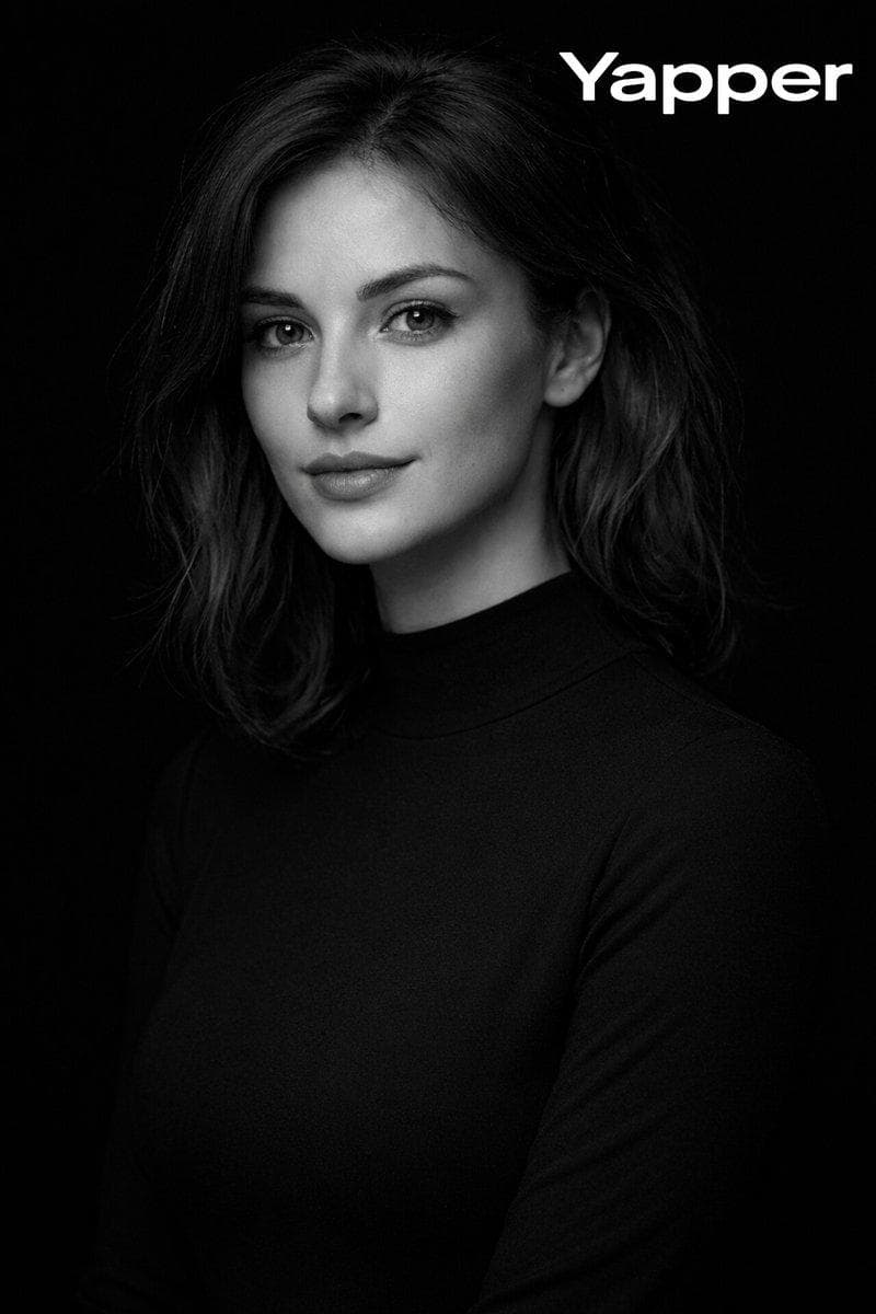{ "prompt": "High-contrast monochromatic studio portrait of a European woman around 25 years old. She has natural facial proportions, delicate cheekbones, expressive eyes, and realistic skin texture with visible pores and fine detail. Her expression is calm, elegant, and confident, looking softly toward the camera. She is posed gracefully with one hand lightly touching her neck and shoulders slightly angled. She is wearing a simple elegant black dress that softly frames her collarbones and shoulders. Hair is natural and softly styled with visible strand detail. Use minimal modern studio lighting with a single focused key light slightly above eye level, creating soft sculpted highlights on the face and subtle shadows for…
