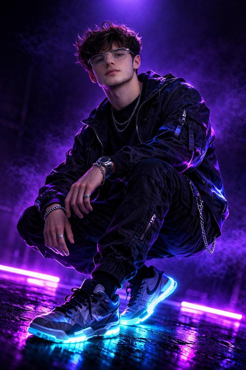 Fashion photography, professional man model, shot with Canon eos r3, 50mm f/1.2 rf lens, f/2.8 settings, 1/160s, iso 1600, gradient neon violet, streetwear style, holographic effect on wear, luminescent sneaker soles, dark backdrop with deep purple atmospheric lighting, professional studio setup with two led strip lights at floor level and one…