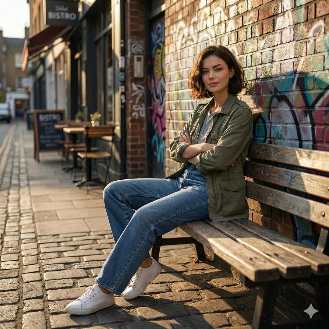 Cinematic realistic street scene, beautiful young woman with short wavy bob haircut, natural hourglass body shape with correct human proportions, sitting relaxed on a wooden bench in front of a small restaurant, graffiti wall behind her, late afternoon side sunlight with strong shadows. Casual urban outfit: inner t-shirt with…
