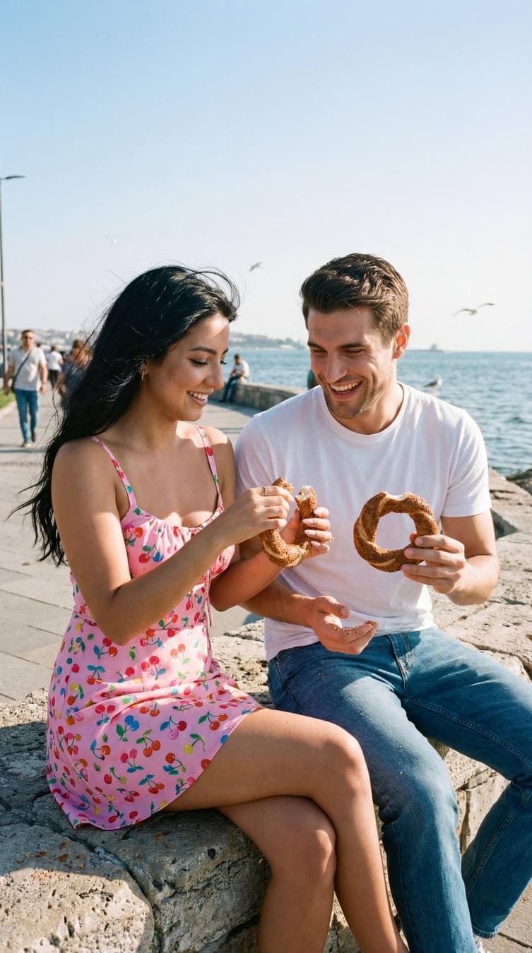 { "generation_request": { "meta_data": { "tool": "NanoBanana Pro", "task_type": "photoreal_candid_street_romance", "version": "v1.2_MODA_SEASIDE_SIMIT_SUNNY_CHERRY_DRESS_EN", "priority": "highest" }, "output_settings": { "aspect_ratio": "4:5", "orientation": "portrait", "resolution_target": "ultra_high_res", "render_style": "ultra_photoreal_candid_street_film_still", "sharpness": "crisp_but_natural", "film_grain": "subtle_35mm", "color_grade": "true_to_life_sunny_natural", "dynamic_range": "natural_not_hdr", "skin_rendering": "real_texture_no_retouch" }, "global_rules": { "camera_language": "35mm lens equivalent, eye-level, imperfect framing, candid documentary feel, focus on eyes when people are present", "authenticity_markers": "subtle halation on highlights, tiny film gate weave, real street clutter, slight background motion blur only, no studio look", "lighting_language": "motivated natural light only (sunlight + sky fill), deep but detailed shadows" }, "creative_prompt": { "scene_summary": "Moda seaside in Istanbul on a sunny day. A young couple in their early 20s sits near the shore eating simit. A candid, unposed film-still moment—quiet love inside everyday life.", "subjects": { "count": 2, "description": "the same young man and woman (early 20s), ordinary and real, not model-like; faces visible and eyes sharp", "expression": "small genuine smiles, relaxed presence, natural micro-expressions", "skin_and_face": "natural skin texture, no beauty retouch, no plastic skin, slight imperfections preserved" }, "wardrobe_and_props": { "female": "pink dress with colorful cherry pattern, simple fit, slightly moving in sea breeze, natural minimal makeup, long wavy hair", "male": "blue denim jeans and a plain white t-shirt, slightly wrinkled, no logos", "props": "two simits in their hands, a simple tote/backpack nearby, no branding" }, "micro_action": "they break pieces of simit, share a bite, laugh softly; the wind lifts the dress hem slightly; crumbs fall naturally onto their hands", "environment_details": { "location": "Moda coast, Istanbul", "background": "sea horizon, gentle waves…