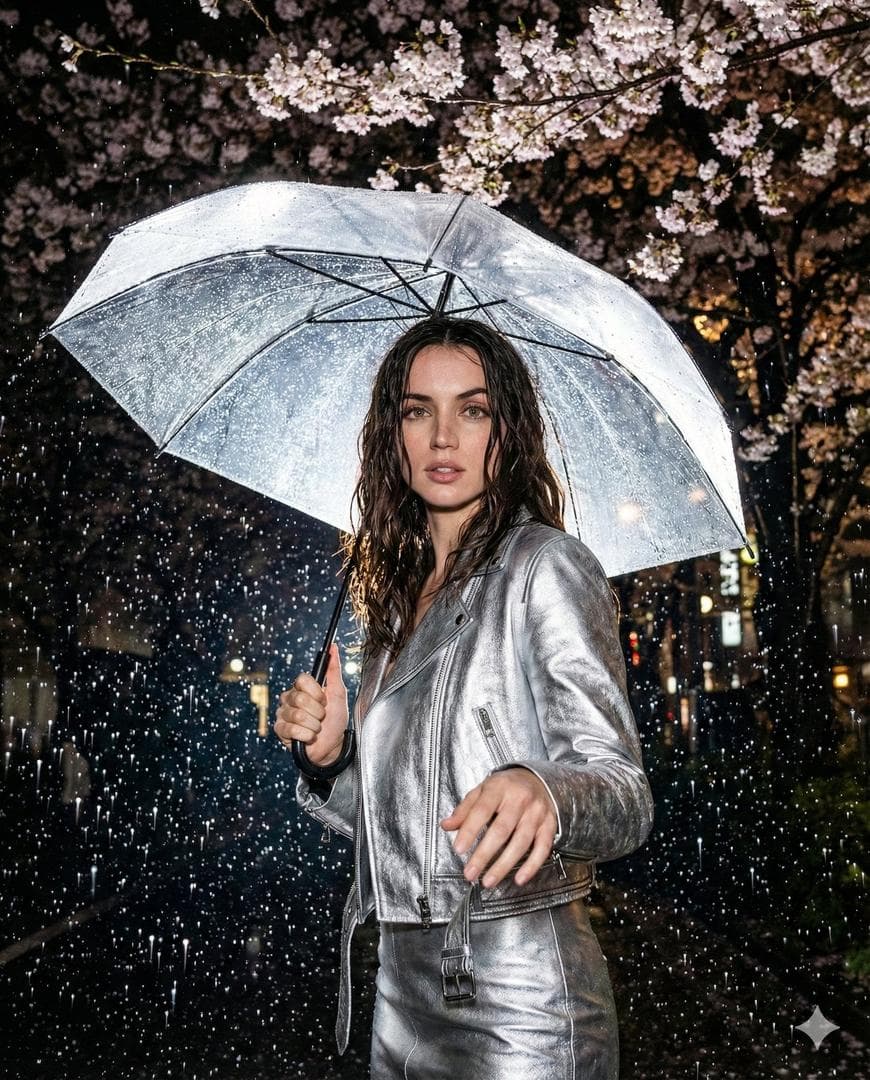 { "prompt": "High-resolution nighttime editorial portrait shot with on-camera flash. A young woman standing outdoors at night under blooming cherry blossom trees, holding a transparent clear umbrella covered in raindrops. Her hair is wet and slightly wavy, framing her face naturally. She wears a brown leather jacket with a matching skirt, styled minimal and modern. One hand reaches slightly toward the camera, creating depth and intimacy. Strong flash lighting with a dark background, rain droplets frozen in motion, cinematic contrast, shallow depth of field, fashion editorial vibe, realistic skin tones, sharp focus. No text, no watermark.", "style": "fashion editorial, cinematic, modern", "camera": { "shot_type": "portrait", "lighting": "on-camera flash", "depth_of_field": "shallow" }, "lighting": { "type": "strong flash", "environment": "nighttime", "effect": ["high contrast", "frozen…