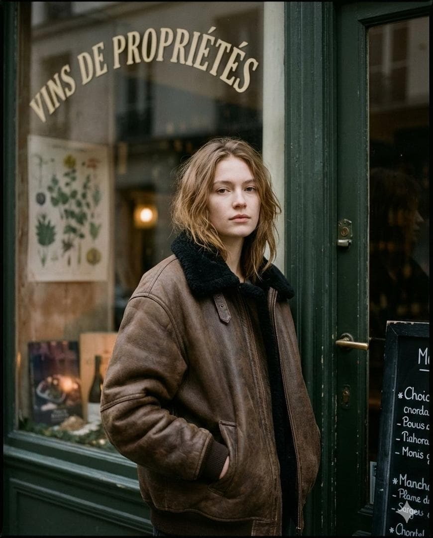 Ultra-realistic moody Paris street editorial portrait, shot outside a vintage shopfront at dusk/overcast twilight, film-scanned look. A young woman (early–mid 20s), fair skin, slim build, shoulder-length light brown/dark blonde hair with a soft center/loose part, slightly tousled ends. Expression: calm, distant, slightly tired gaze; lips relaxed, almost pouting; eyes looking straight at camera with subtle softness. Pose: standing close to the shop entrance, shoulders slightly forward, body angled 3/4; one hand tucked into the coat pocket (hand visible at pocket opening), the other arm relaxed inside the oversized coat. She is framed from mid-thigh to a little above head, vertical portrait. Wardrobe: oversized brown leather/bomber-style coat with a worn matte sheen, slightly wrinkled texture; very large fit with dropped shoulders. Collar: thick black shearling/faux-fur collar folded up around the neck. No visible logos, no jewelry emphasis. Location / Background details: •She stands at the edge of a dark green/black painted wooden doorframe with aged patina; the frame runs vertically on the right side of the image. •Behind her is a large shop window with reflective glass showing faint street reflections (trees/sky shapes), but interior objects remain visible. •At the very top of the window, large curved cream lettering reads: “VINS DE PROPRIÉTÉS” (French text, arched across the glass). •Inside the shop window, a botanical poster is visible on the left side (green leaves illustration), slightly blurred due to depth/reflection. •Lower left inside the window: a display area with dark surfaces and small objects (bottles/produce-like shapes), dimly lit. •On the far right edge, partially inside the frame, a black menu/chalkboard with small white writing is visible (text not fully readable), aligned vertically near the doorframe. Lighting: natural ambient street light, soft and diffused; gentle highlights on cheekbones and nose; shadows are deep but not crushed. No direct flash. The shop interior glows faintly warm compared to the cooler exterior. Color / Tone / Aesthetic: muted brown, olive-green, charcoal palette; cinematic, slightly desaturated; subtle warm sundayfunday undertone in skin and shop interior; overall dark, cozy, rainy-winter vibe (even if no rain visible). Film grain present, slight halation on highlights, mild vignette, soft contrast roll-off. Background softly…