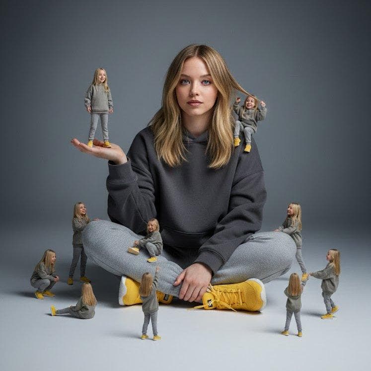 A creative surreal image of a woman sitting on the ground, wearing a dark yellow hoodie, gray pants, and yellow shoes, surrounded by several miniature versions of himself. Multiple smaller versions stand on his hands, shoulders, and around him on the ground, interacting playfully with the larger version. The…