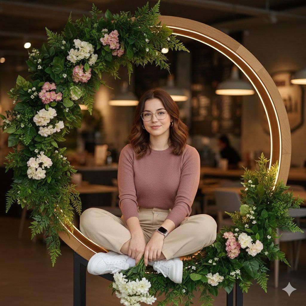 Create an ultra-realistic, high-end lifestyle portrait of one adult subject, captured in a calm, elegant, modern café environment. The subject is seated casually inside a circular wooden frame embedded with warm LED rim lighting, surrounded by lush green foliage and soft floral decor. The pose is relaxed and natural: one leg crossed over the other, body slightly angled, shoulders relaxed, hands resting naturally while holding a small bouquet of fresh flowers. Overall mood is warm, clean, elegant, youthful, and approachable — pure realism only. No stylization, no fantasy, no cinematic exaggeration. Maintain 100% facial accuracy: exact bone structure, eye shape, eyelid fold, eyebrow shape, nose bridge and tip, lip shape, jawline, chin, cheek volume, hairline, and facial proportions Identity must remain perfectly consistent from all angles (front, 3/4, side, seated pose, slight head tilt) No face blending, no beautification, no symmetry correction No AI face drift Preserve real skin texture: pores, fine lines, natural imperfections Expression: soft, natural smile, relaxed and genuine Soft pastel long-sleeve knit top (dusty pink / muted rose tone) High-waisted, straight-fit beige or cream trousers Clean white chunky sneakers Minimal accessories only (simple earrings, smartwatch or minimal wrist accessory) Hair neatly styled, natural, pulled back or softly tied Natural makeup: realistic skin tones, no heavy retouching Modern café or lifestyle studio interior Circular wooden structure with embedded warm LED light ring Green plants and floral arrangements integrated into the frame Soft bokeh background with warm ambient lighting Clean, uncluttered setting with depth and realism Full-body or 3/4 body vertical portrait…