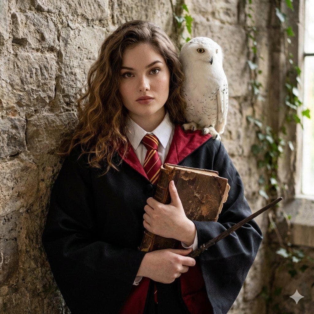 USE UPLOADED PHOTO AS REFERENCE. HOGWARTS-STYLE PHOTOSHOOT. THE GIRL IS POSING, IN A BLACK ROBE, THE UNDERSIDE OF THE ROBE IS RED, A WHITE COLLAR AND A TIED TIE OF GRYFFINDOR COLOR ARE VISIBLE. HER HAIR IS LOOSE, A DILAPIDATED, OLD BOOK IS PRESSED TO HER BODY IN HER HANDS. HE HOLDS A MAGIC WAND IN ONE HAND. A WHITE OWL…