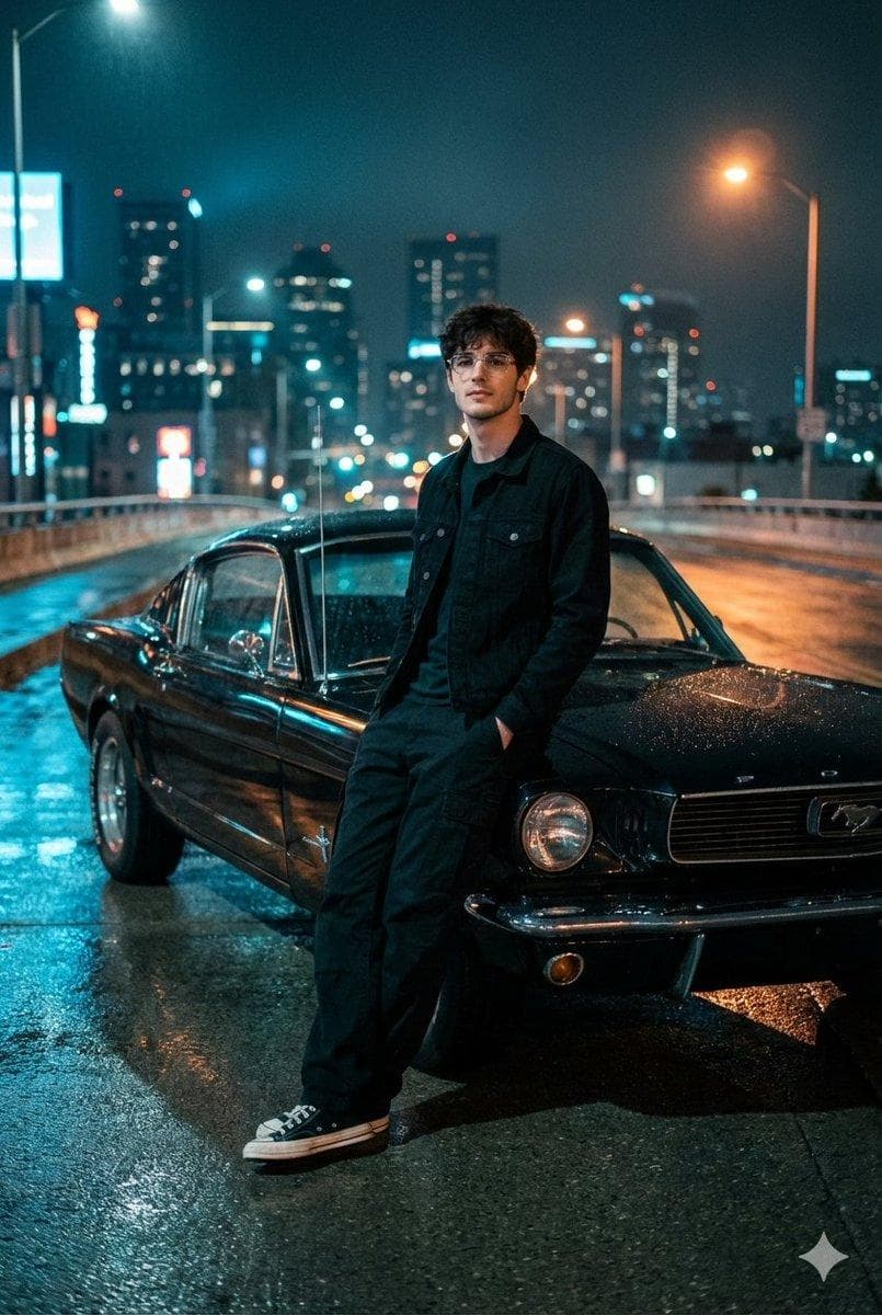A Cinematic Night Photo On A Dimly Lit Urban Overpass With A View Of The City Skyline. In The Foreground, A Young Man Leaning Casually Against A Classic 1960s Ford Mustang Fast-back In A Sleek Black Finish. The Car's Muscu-lar Lines Are Accentuated By The Wet Asphalt Reflecting Neon Signs From Nearby Buildings. The Young Man Is Wearing A Black Trucker Jacket, A Simple Casual T-shirt, Loose Cargo Pants, And Converse Shoes. His Pose Is Re-laxed, One Hand In His Pocket, Looking Di-rectly At The Camera With A Cool, Confident Expression. The Shooting Style Uses A Fujifilm Camera With Soft Cinematic Color Tones, A Slight Fine Grain, And Deep Shadows. The Dominant Color Tone Is A…