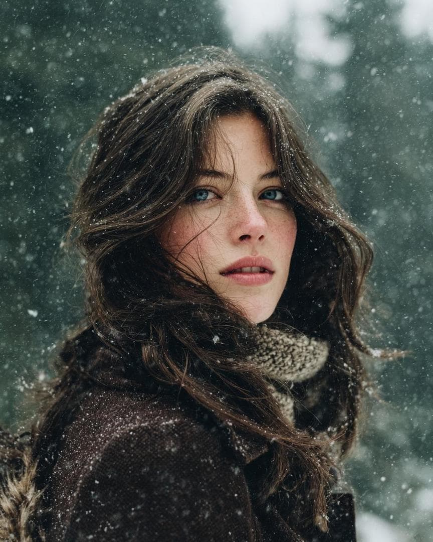 { "Objective": "Generate a cinematic, photorealistic portrait inspired by a winter forest atmosphere", "PersonaDetails": { "Subject": "Young woman", "Appearance": { "Hair": "Long, wavy dark brown hair, slightly windblown", "Eyes": "Light blue", "Skin": "Fair with natural freckles", "Expression": "Soft, introspective, slightly wistful" }, "Clothing": { "Outerwear": "Dark brown wool coat", "Accessories": "Knitted scarf in neutral tones" } }, "SceneDescription": { "Environment": "Snowy forest with soft-focus evergreen trees", "Weather": "Gentle snowfall", "Season": "Winter", "Mood": "Quiet, cinematic, melancholic, ethereal" }, "PhotographyStyle": { "Type": "Cinematic portrait photography", "Lighting": "Soft natural light, overcast winter lighting", "DepthOfField": "Shallow depth of field with creamy bokeh", "CameraAngle": "Three-quarter profile, subject looking back over shoulder", "Resolution": "Ultra high resolution, sharp facial details" }…