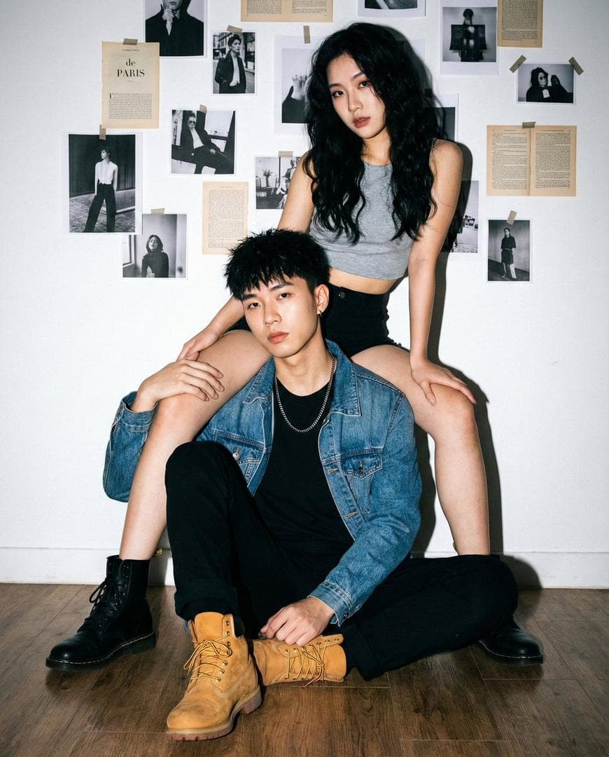 "Young Asian couple, cool/edgy fashion models.", "female_hair": "Long, black, naturally little wavy hair (soft waves, not crimped), smooth texture with flyaways.", "male_hair": "Short, black, textured messy cut.", "outfits": { "female": "Grey crop top, black shorts, bare legs.", "male": "Blue denim jacket, black t-shirt, silver chain, blue jeans (one leg rolled up), mismatched boots (black combat boot on left, tan work boot on right)." } }, "exact_pose_anatomical": { "male_pose": { "position": "Seated on the floor, facing forward.", "legs": "Left leg bent at knee, foot planted flat. Right leg bent inwards (cross-legged style) resting on the floor.", "arms": "Right arm resting casually on his own right knee. Left arm reaching up and back to hold the female's thigh securely.", "posture": "Leaning slightly forward, relaxed spine." }, "female_pose": { "position": "Perched/Kneeling directly behind the male subject.", "legs": "Straddling the male subject's left shoulder. Her left thigh is draped over his shoulder, shin hanging down in front of his chest. Her right leg is tucked behind him (kneeling on the floor).", "arms": "Right hand resting on top of the male's right shoulder…