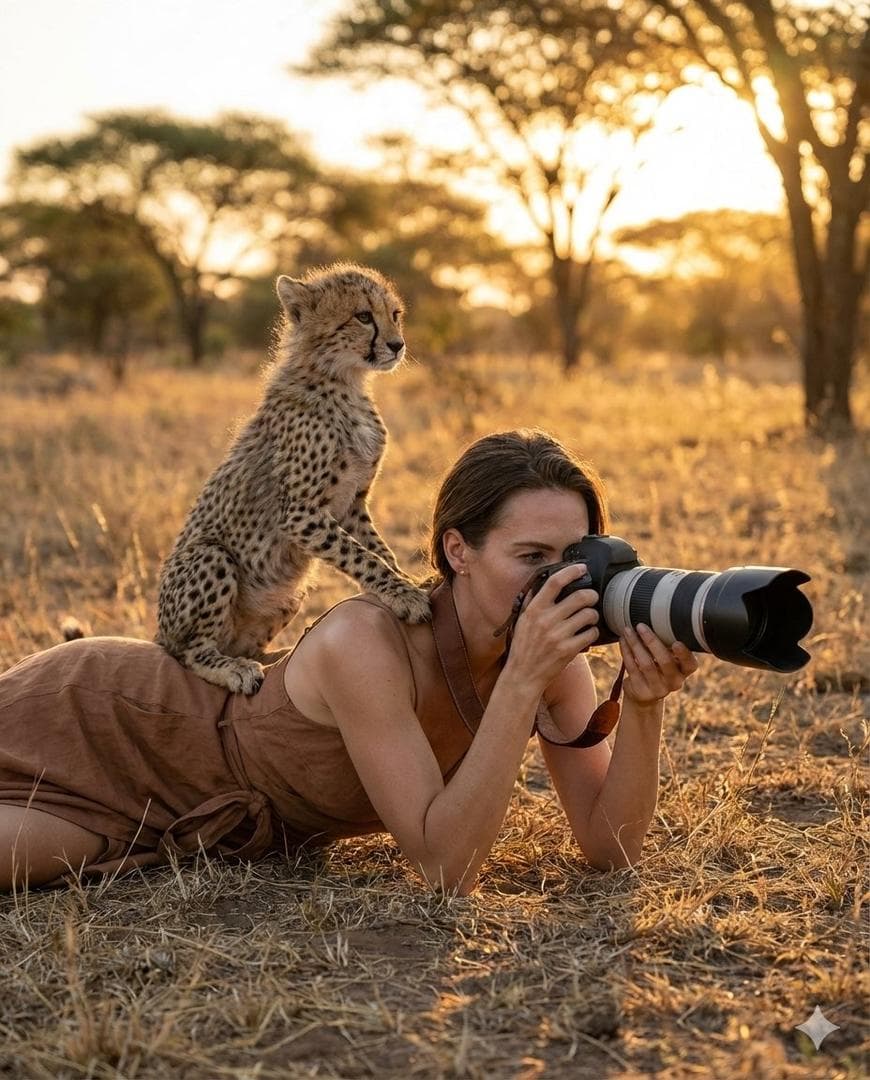 Ultra-realistic wildlife photography scene: An elegant woman in a minimal earthy-toned wrap dress with thin straps, lying flat on the grassy ground while holding a professional DSLR camera with a large telephoto lens, intently focusing on wildlife. A playful cheetah cub sits on her shoulder, curiously gazing into the distance. Golden hour…