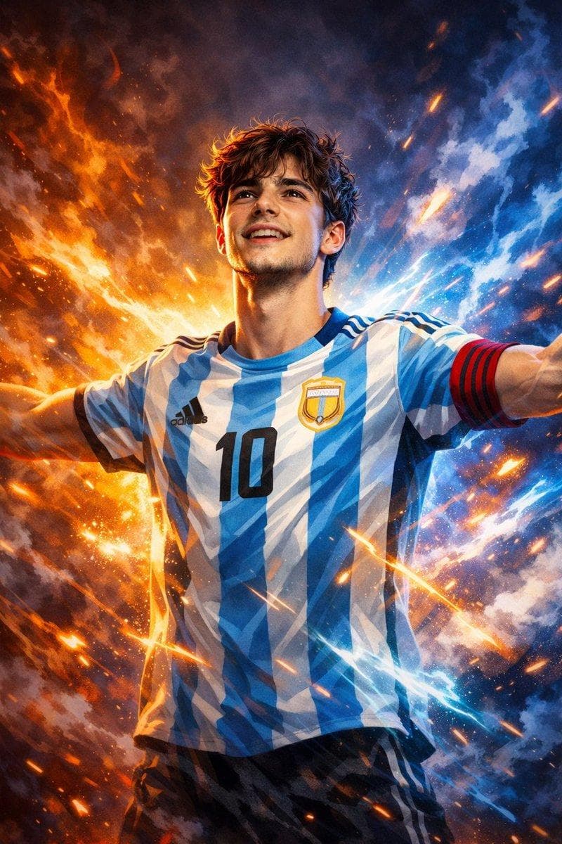 Fantastic digital painting of a young man with high detail, smooth shading, and sharp, bold lines. He stands in a powerful victory pose with his arms outstretched, confident and fearless expression. A brilliantly blended background with swirling smoke and flame like energy effects…