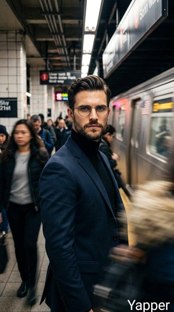 Cinematic portrait of a stylish man standing on a busy subway platform, wearing a dark tailored suit and black turtleneck with round glasses, serious confident expression, commuters rushing past creating motion blur around him, subway train beside the platform with metallic reflections, urban underground atmosphere, dramatic fluorescent subway lighting, shallow…