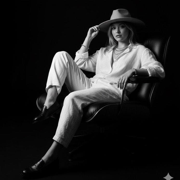 { "prompt": "Hyper-realistic 8K black-and-white studio portrait captured as a medium shot from a slightly low-angle perspective, using a 50mm lens for a natural field of view. The composition features a female subject, 100% using the uploaded face as reference (do not alter facial features or identity), seated off-center to the right, leaving strong negative space above and to the left. She wears a wide-brimmed fedora-style hat, a loose white linen blouse unbuttoned at the collar revealing layered silver necklaces, white linen trousers, and dark leather loafers, with delicate beaded bracelets on both wrists. The subject is seated comfortably in a sleek modern black leather lounge chair, left leg crossed over the right, left hand lightly touching the brim of the hat, and right arm casually resting on the chair’s armrest. Dramatic high-contrast chiaroscuro lighting dominates the scene, with a strong key light from the front-left creating deep shadows and bright highlights that emphasize the detailed textures of the linen fabric, leather chair, felt hat, and hair…