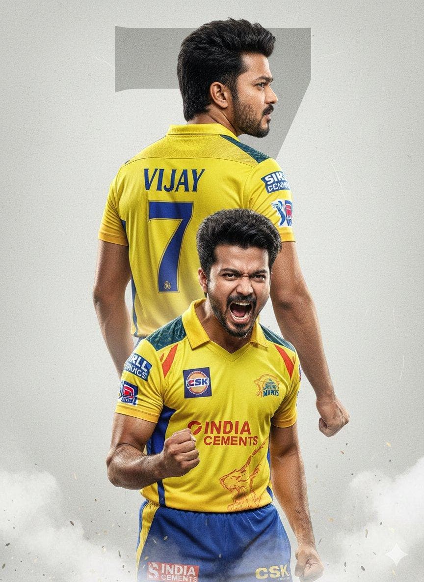 An ultra-realistic cinematic cricket poster featuring a young Indian male cricketer using the uploaded reference face exactly (100% facial accuracy). He has a fair-whitish glass skin tone, soft red lips, sharp jawline, light stubble beard, and a voluminous slightly messy fade mullet hairstyle with natural texture. The composition is a triple-layer cinematic layout on a clean, textured light-grey studio background, with a large, softly embedded “77” subtly visible behind the subject. Primary dominant pose (upper background): The cricketer is shown from the back, standing tall and confident, wearing an official Chennai Super Kings (CSK) jersey in bright yellow with blue accents. Bold blue typography on the jersey reads “VIJAY” with the number “77” below it. His athletic physique is emphasized, shoulders squared, as he slightly turns his head over the shoulder, revealing an intense, fearless side profile. Foreground action pose (half body): A powerful celebration moment captures him mid-roar, mouth open in victory, right fist clenched and arm flexed. He wears the complete CSK match kit, including yellow-blue trousers, and ground texture. The CSK logo and sponsor details appear authentic and sharp. Sweat highlights on the skin add realism, with cinematic rim lighting separating the face from the background. Atmosphere & lighting: Premium cinematic studio lighting with balanced highlights and shadows enhances fabric folds, muscle definition, and facial contours. Subtle smoke and dust effects rise from the base, adding intensity without obscuring details. No blur, no distortion. Camera & quality: DSLR photography look, 85mm lens feel, shallow depth where needed, ultra-sharp focus, realistic proportions, professional color grading with rich yellow, blue, and gold tones. Photorealistic, 8K resolution, vertical poster composition, IPL magazine-cover style. No cartoon look, no extra limbs, no facial alteration, no watermark. RCB : An ultra-realistic cinematic cricket poster featuring a young Indian male cricketer using the uploaded reference face exactly (100% facial accuracy). He has a fair-whitish glass skin tone, soft red lips, sharp jawline, light stubble beard, and a voluminous slightly messy fade mullet hairstyle with natural texture. The composition is a triple-layer cinematic layout on a clean, textured light-grey studio background, with a large, softly embedded “3” subtly visible behind the subject. Primary dominant pose (upper background): The cricketer is shown from the back, standing tall and confident, wearing an official Royal Challengers Bangalore (RCB) jersey in deep red and black with gold accents. Bold golden typography on the jersey reads “STR” with the number “33” below it. His…