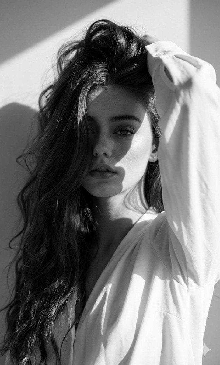 Use The Uploaded Image Of The Woman As Strict Facial Reference And Physical Features - Keep Her Real Face Exactly As Provided, Without Alterations Or Stylization. Ensure Seamless, Ultra-realistic Integration In The Final Render. Black And White High-fashion Editorial Portrait Of The Uploaded Person, Wearing A Loose White Blouse. She Poses With One Arm Raised, Partially Covering Her Face While Holding Her Hair Up, Creating A Dramatic And Artistic Composition. Her Gaze Is Intense And Captivating, Directly Toward The Camera, Exuding A Strong, Enigmatic Aura. Background: Minimalist Plain Wall With Sharp Daylight Shadows Adding Contrast And Depth. Lighting: Harsh Natural Sunlight, High-contrast, Emphasizing Facial Contours, Cheekbones, Hair Texture, And Fabric Detail. Pose: Bold And Expressive, Arm Lifted Framing The…
